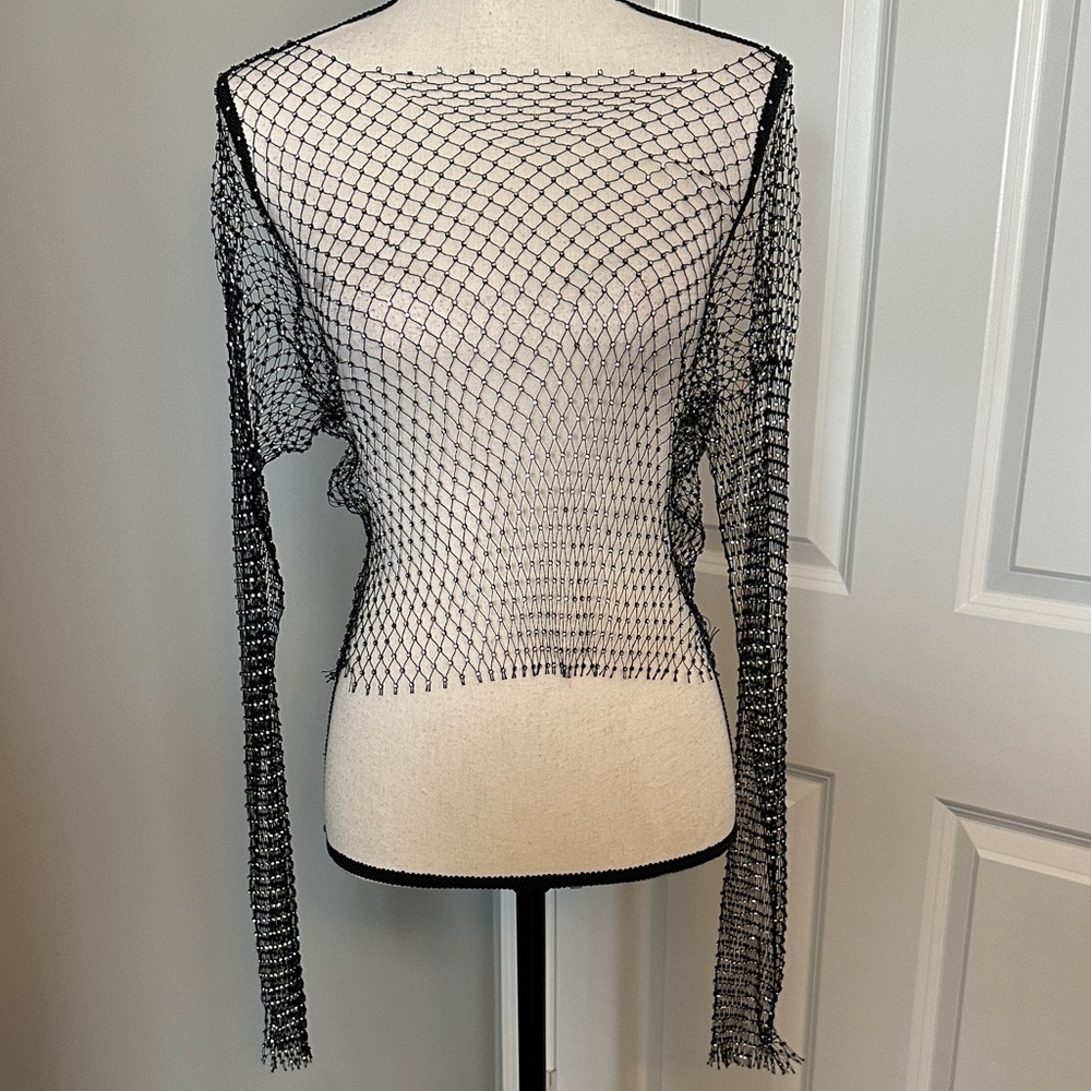 Black Fishnet Mesh Top Sheer Long Sleeve Festival Rave Y2K Grunge Layer OS M-L